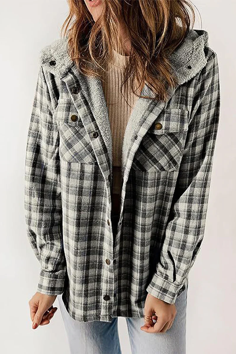 Katell | Casual fluffy contrast hooded outerwear with check pockets