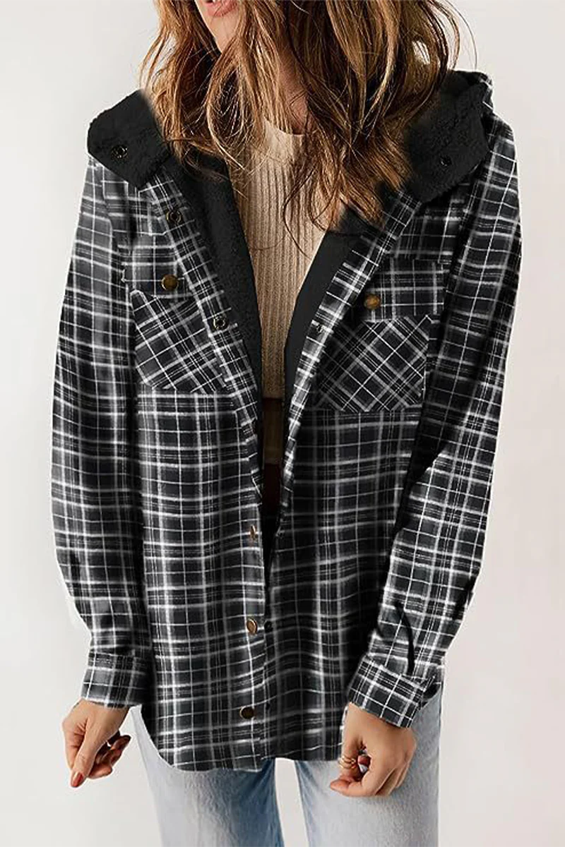 Katell | Casual fluffy contrast hooded outerwear with check pockets - Image 3