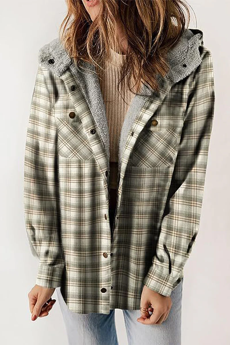 Katell | Casual fluffy contrast hooded outerwear with check pockets - Image 4