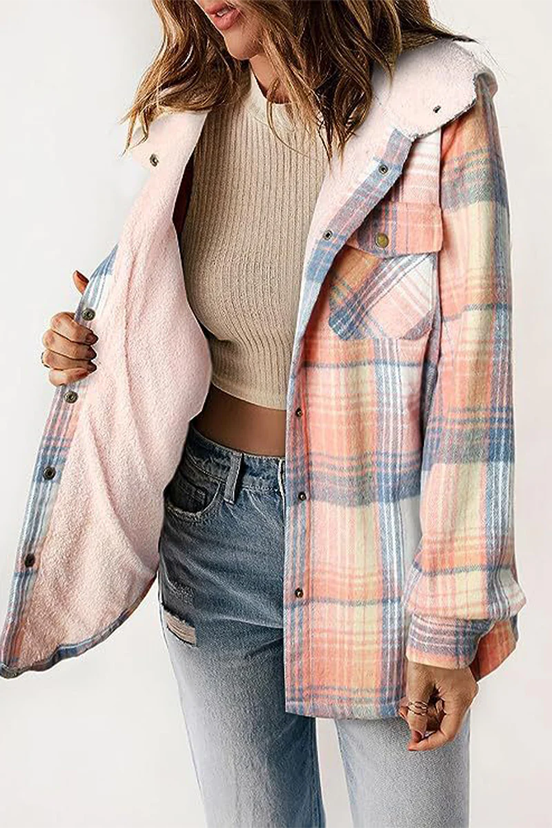 Katell | Casual fluffy contrast hooded outerwear with check pockets - Image 5