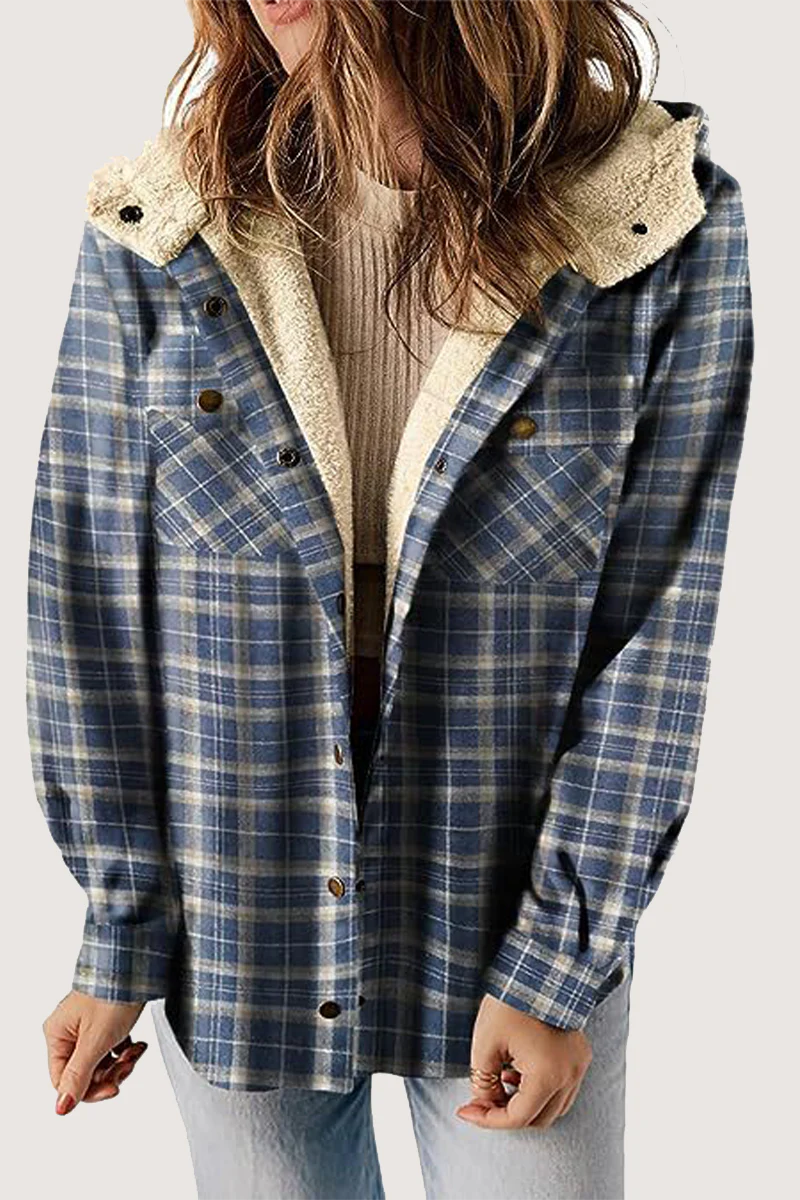 Katell | Casual fluffy contrast hooded outerwear with check pockets - Image 7