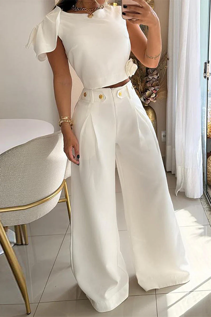 Katia | Prominent, elegant, solid color two-piece suit with buttons, O-neck and short sleeves - Image 2