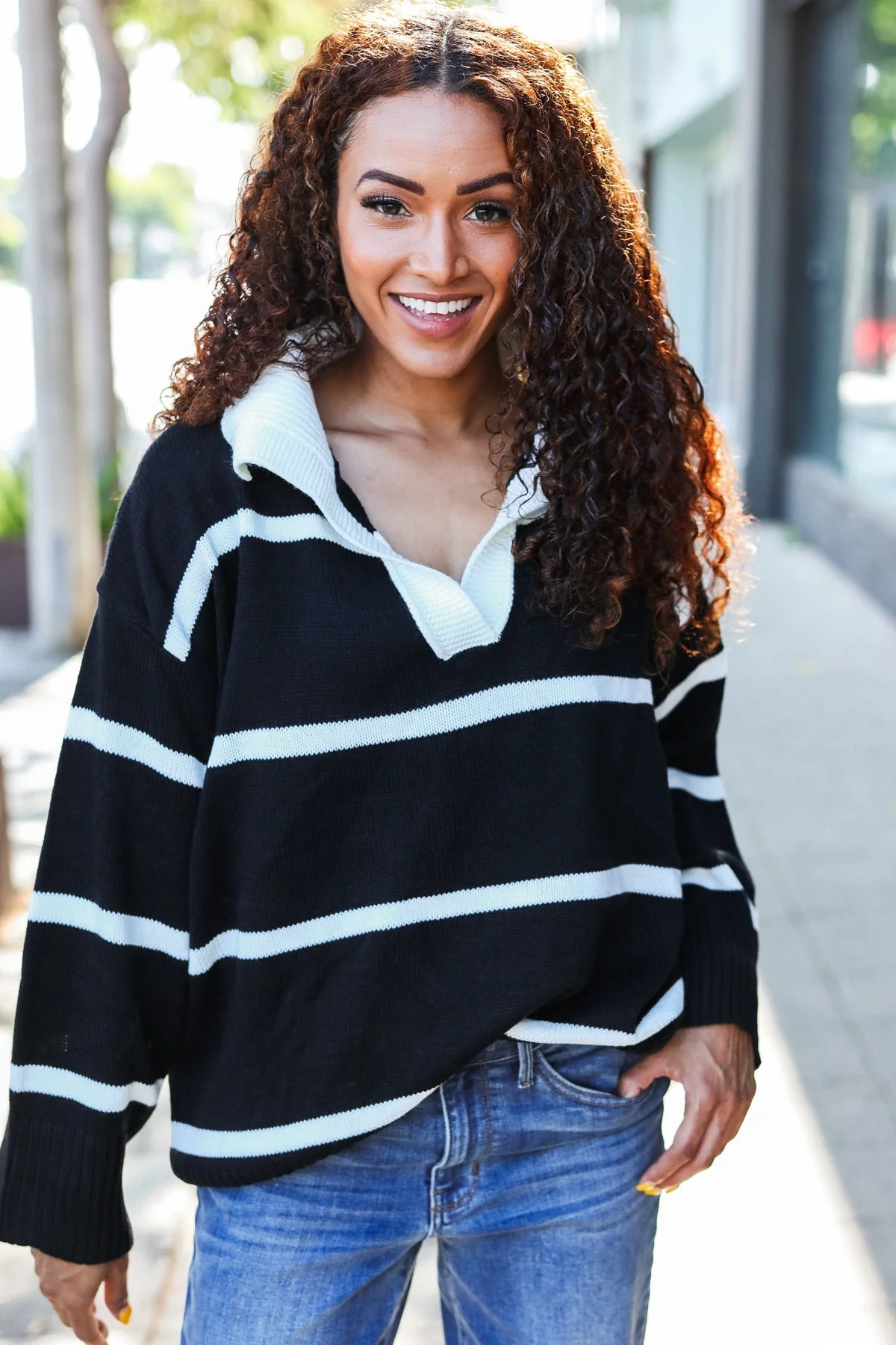 Katja | Fall For You black stripe oversized notched collar sweater - Image 10