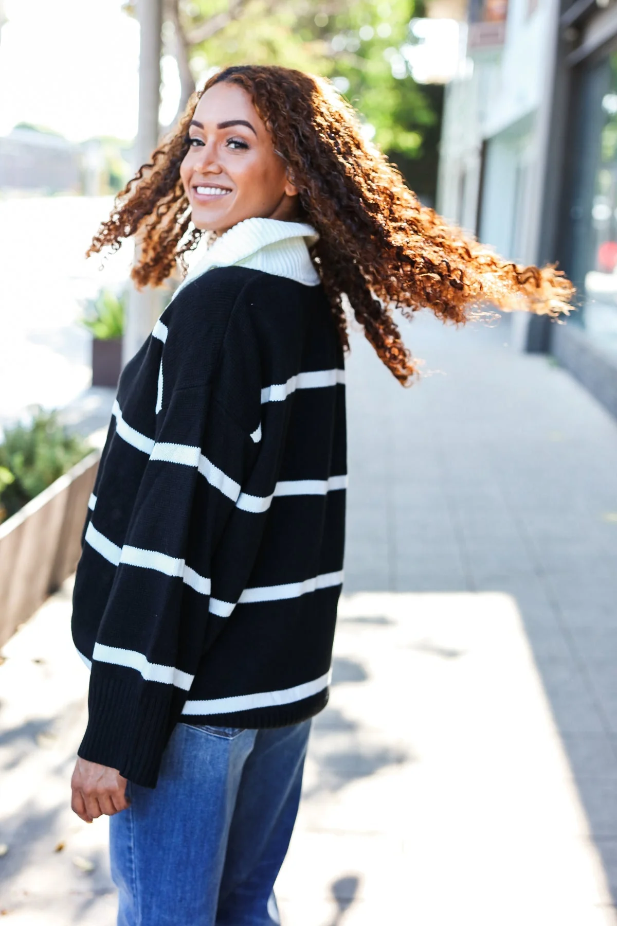 Katja | Fall For You black stripe oversized notched collar sweater - Image 11