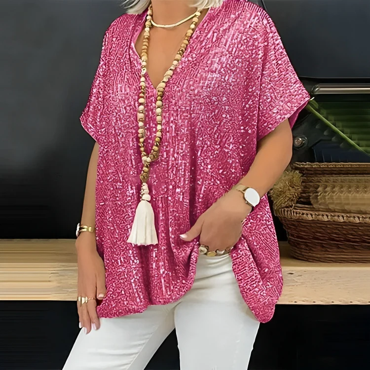 Kira® | Loose V-Neck Sequin T-Shirt
