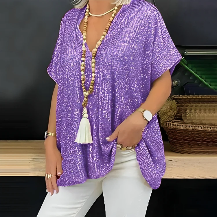 Kira® | Loose V-Neck Sequin T-Shirt - Image 2