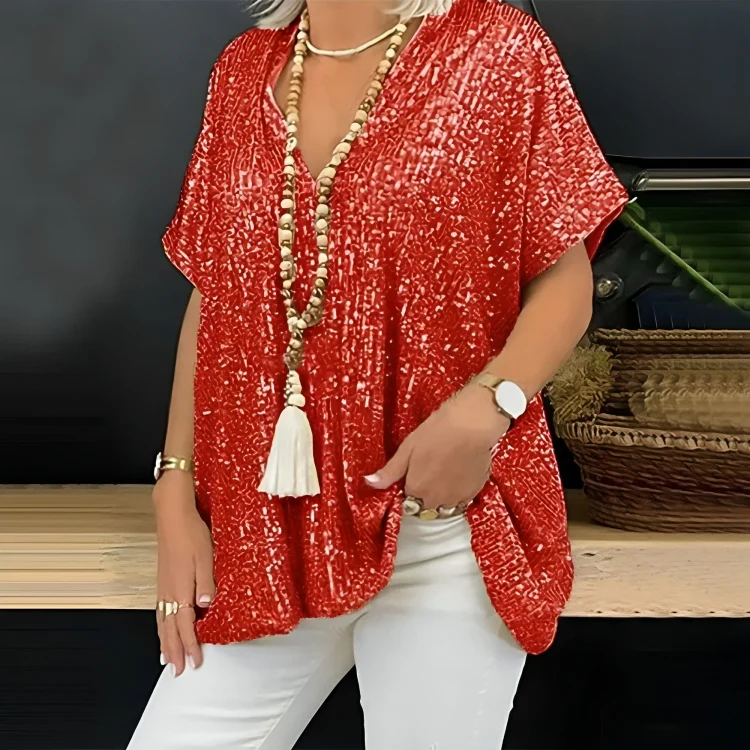 Kira® | Loose V-Neck Sequin T-Shirt - Image 4