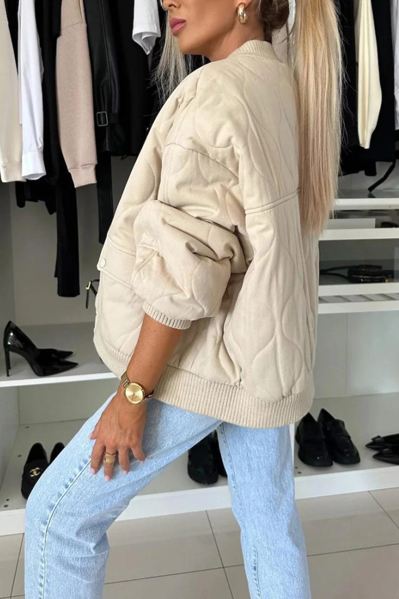 Klara | Solid color bomber jacket with button placket - Image 6