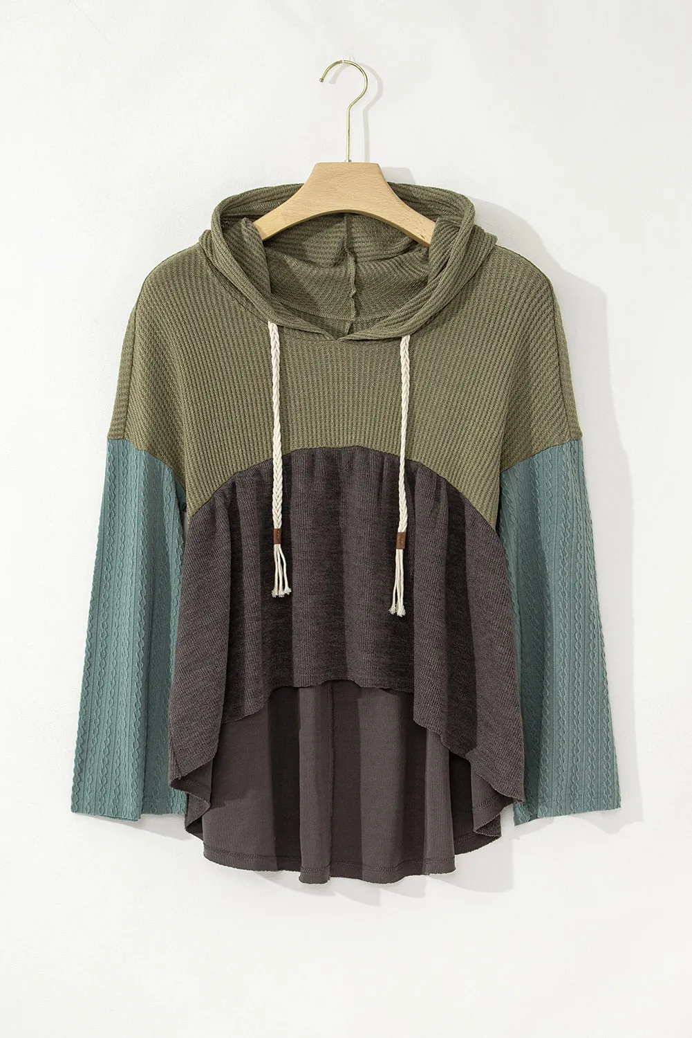 Kristin | Waffle knit high-low color block long sleeve hooded top - Image 2