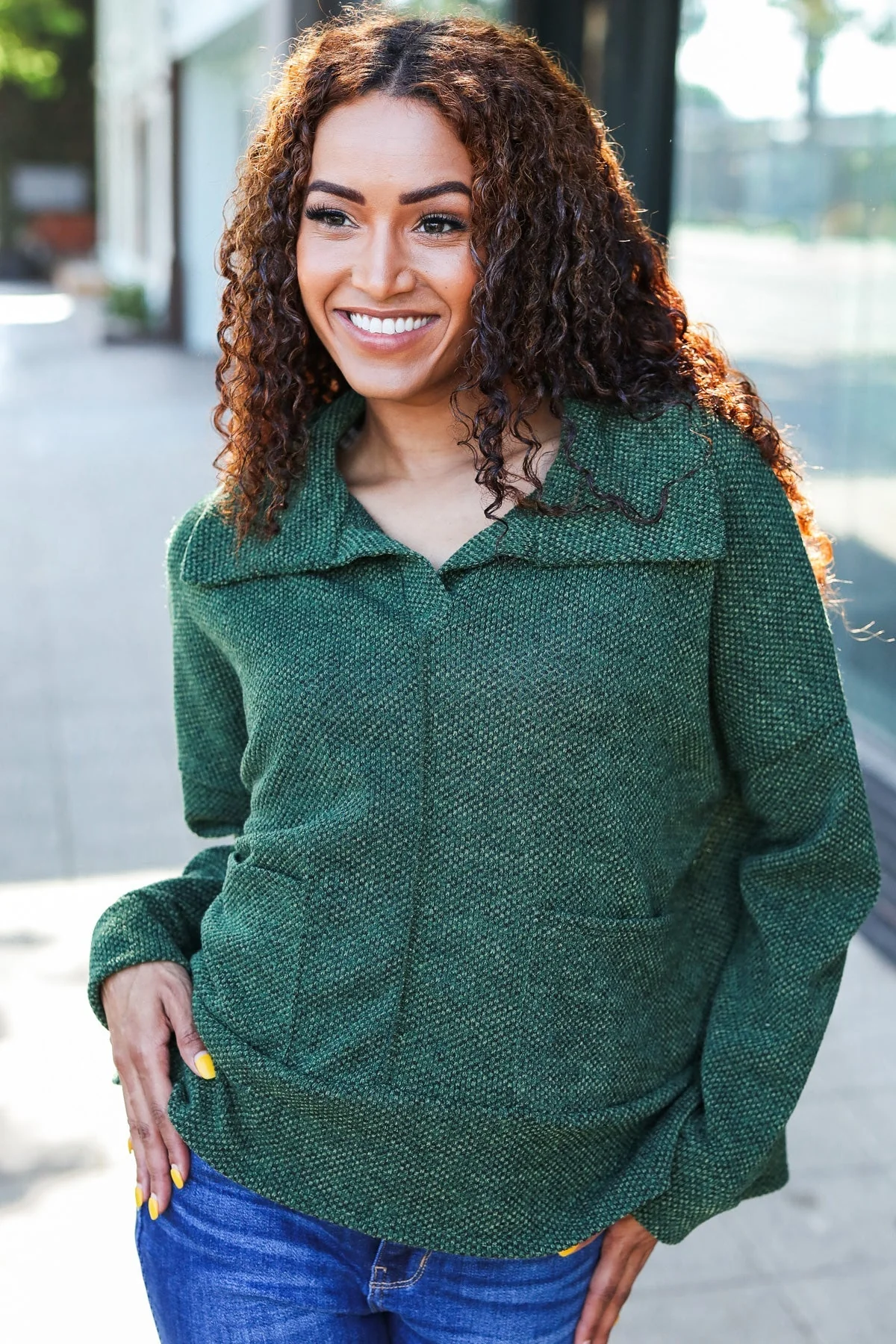 Kristina | Easy Living Olive green textured knit sweater with notched neckline and oversized collar - Image 2