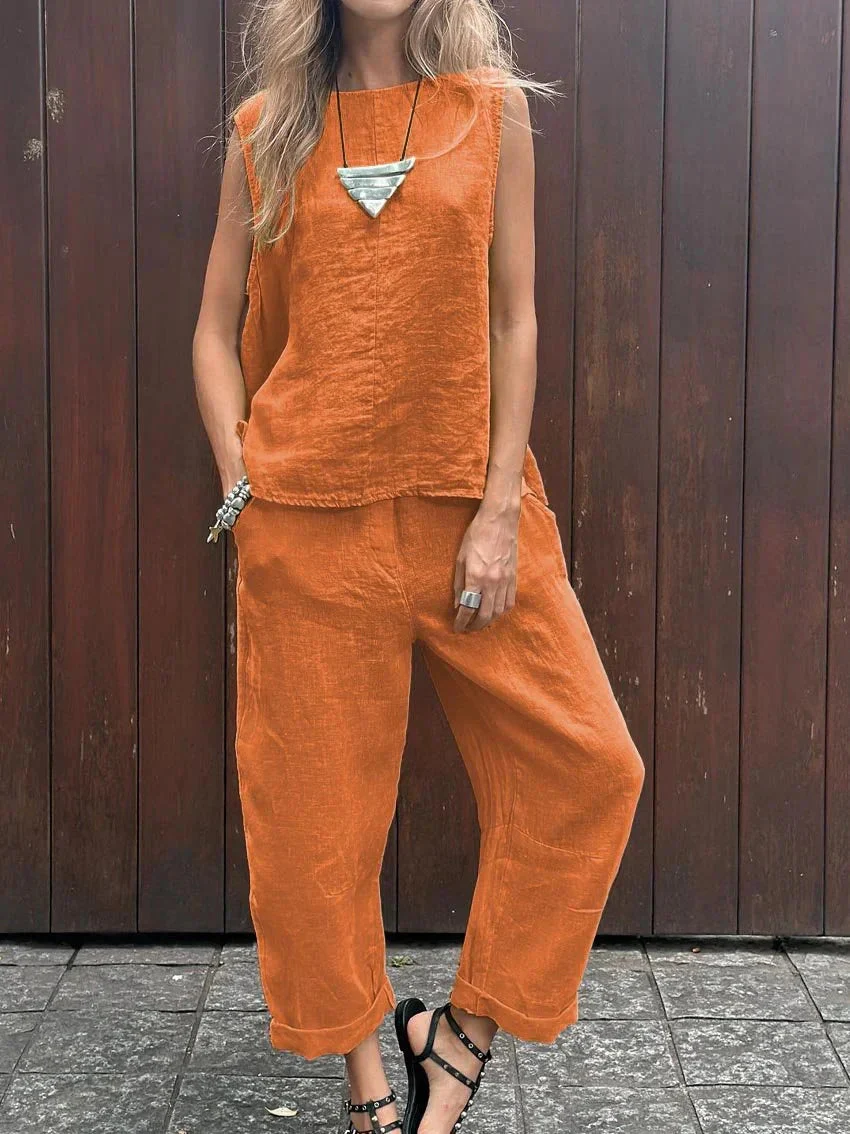 Kylie® | Casual Sleeveless Cotton And Linen Top And Pants Set - Image 5