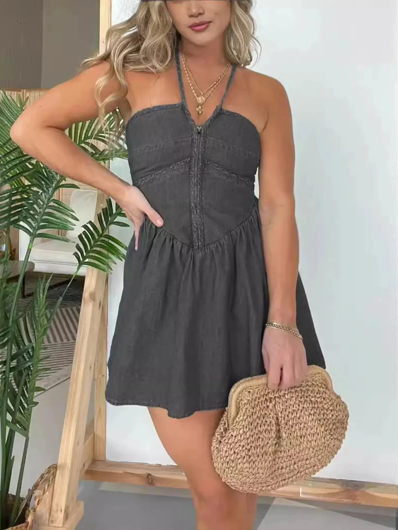 Lara® | Casual Lace Halter Neck Denim Dress - Image 2