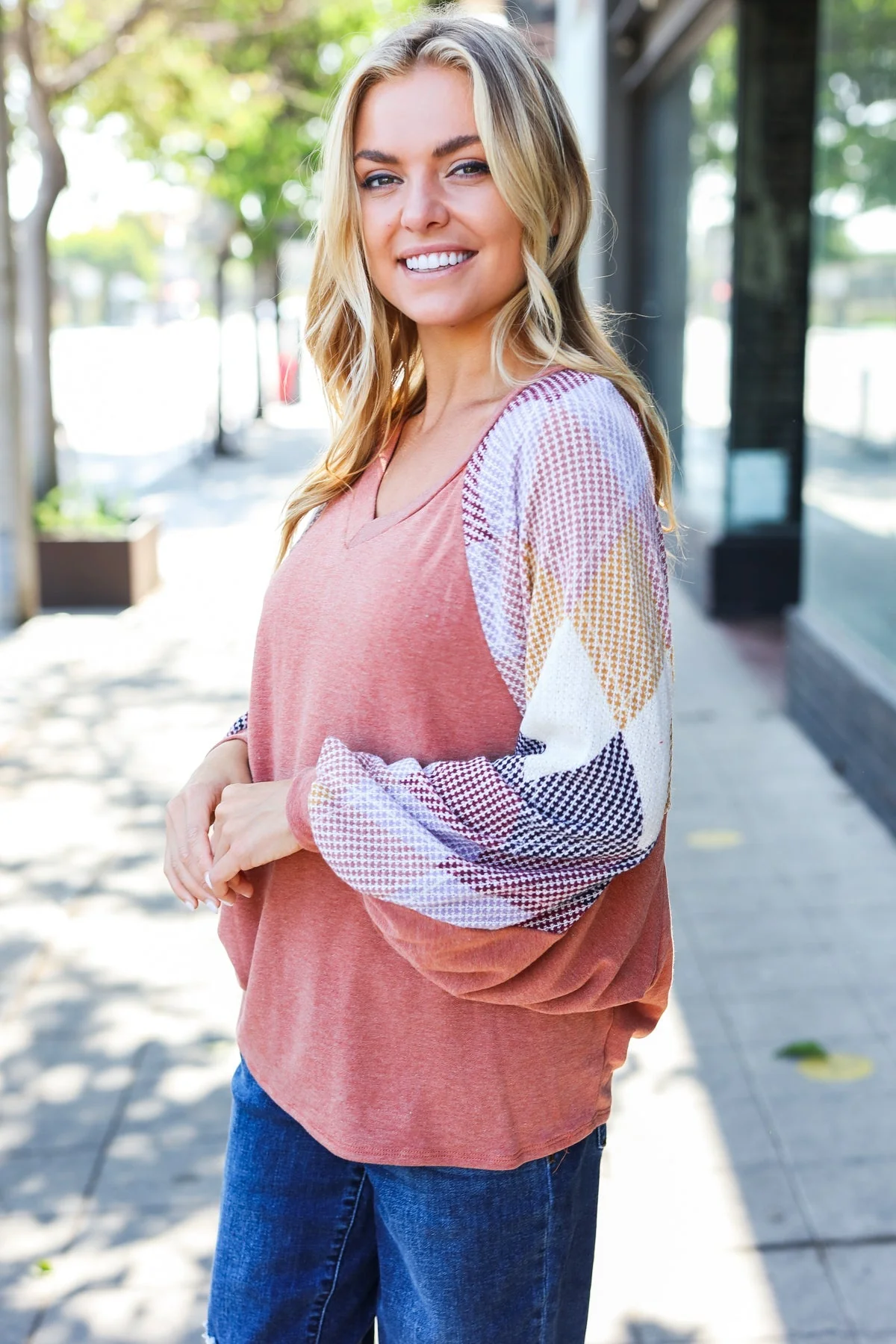 Larisa | Weekend Ready Rust Argyle V-Neck Dolman Top - Image 11