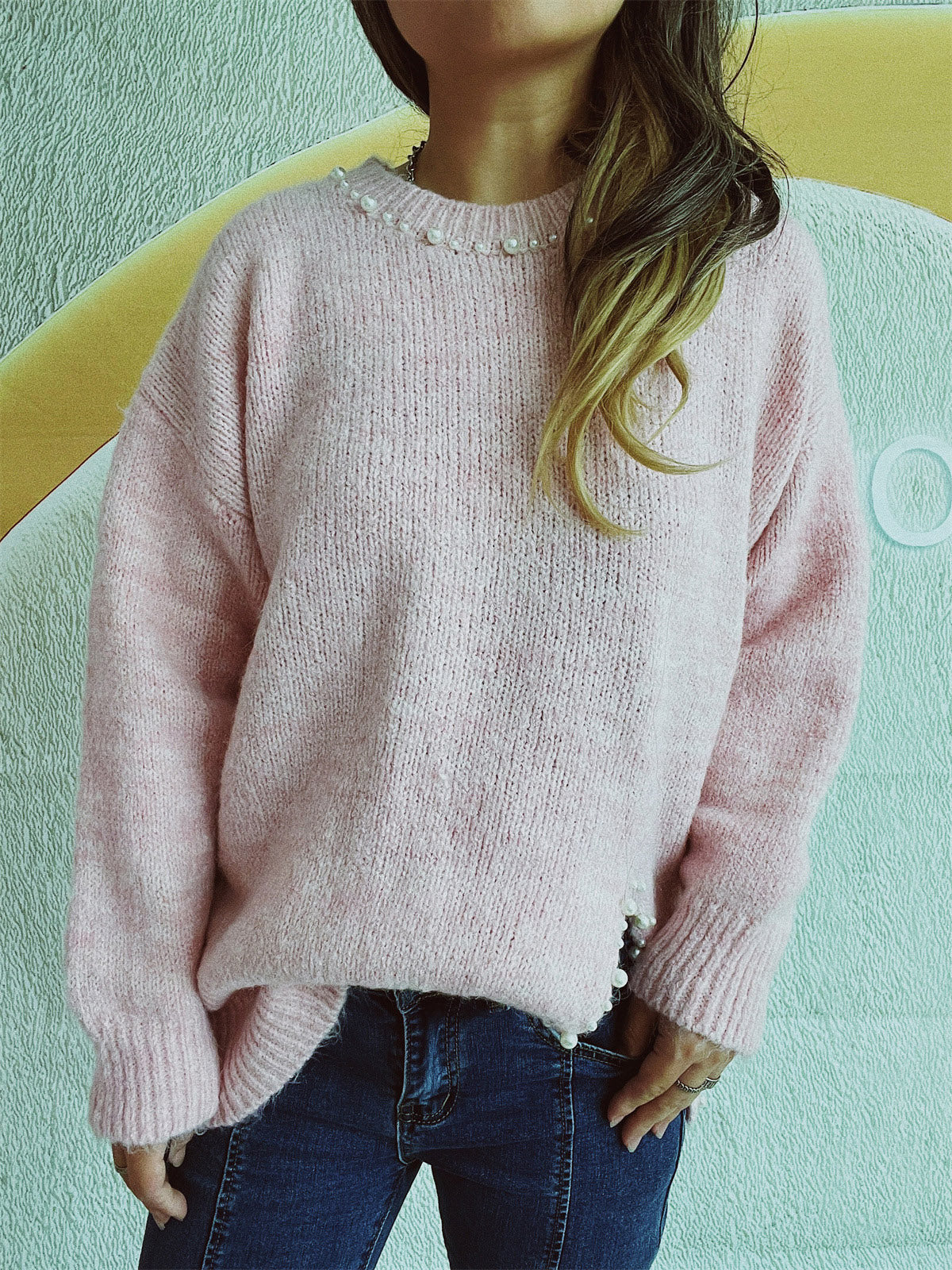 Larissa | Long-sleeved sweater with a slit and beaded trim and a crew neck - Image 10