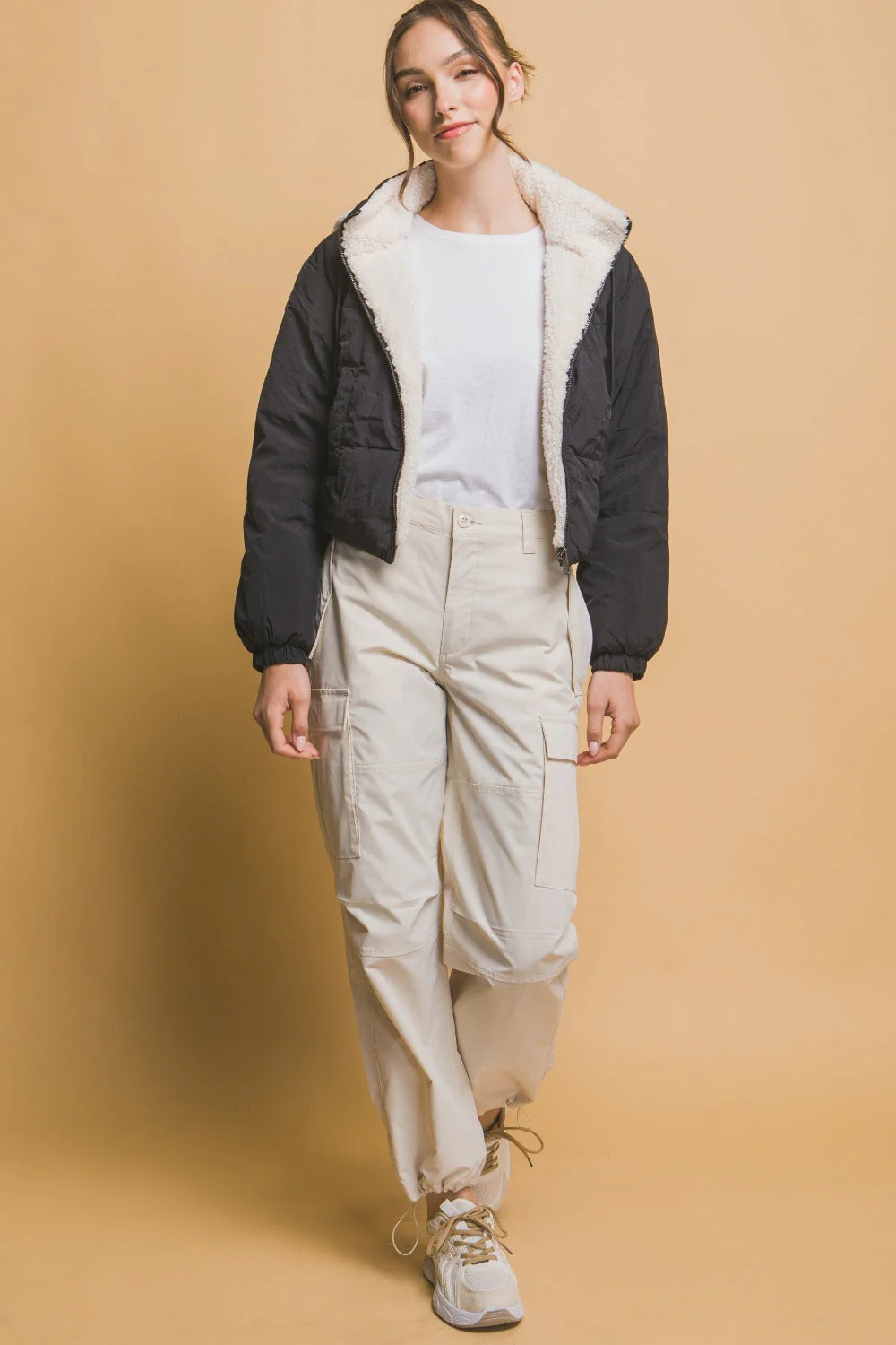 Laura | Love Tree cropped reversible hooded zip-up sherpa jacket - Image 5