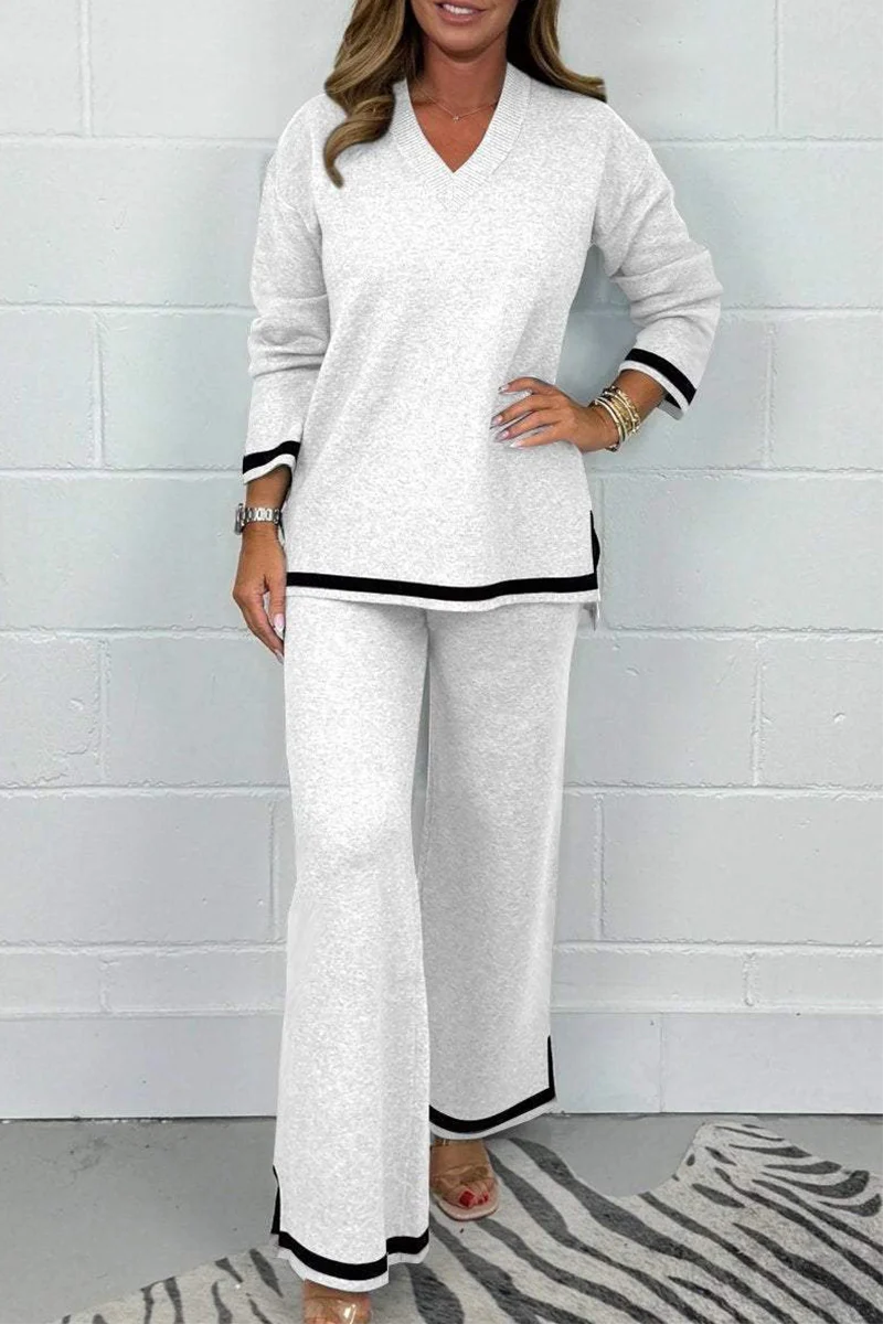 Laurina | Casual daily stripe patchwork slit contrast V-neck long sleeves two piece suit - Image 3