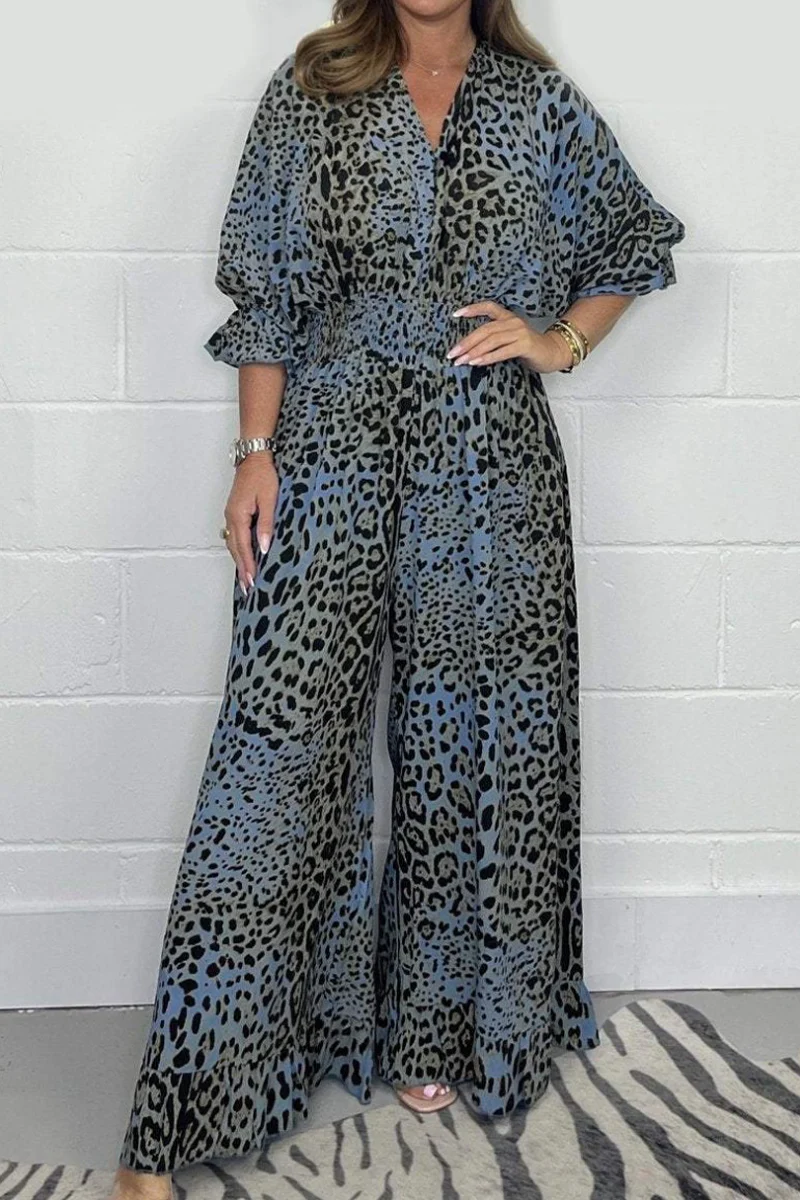 Lena | Casual loose jumpsuits with leopard contrast and V-neck - Image 2