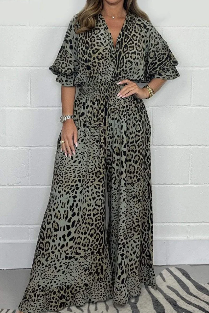 Lena | Casual loose jumpsuits with leopard contrast and V-neck - Image 3