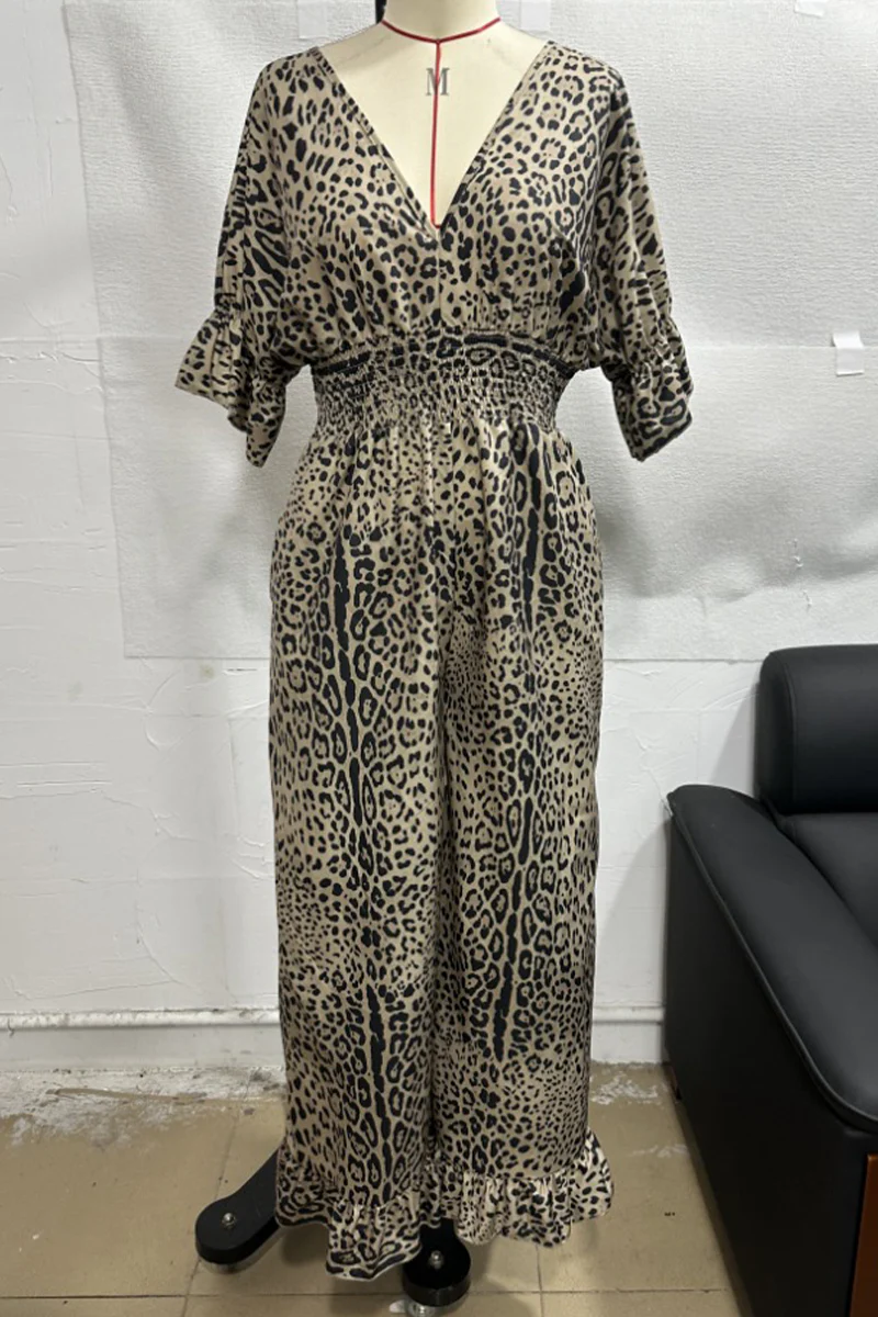 Lena | Casual loose jumpsuits with leopard contrast and V-neck - Image 5