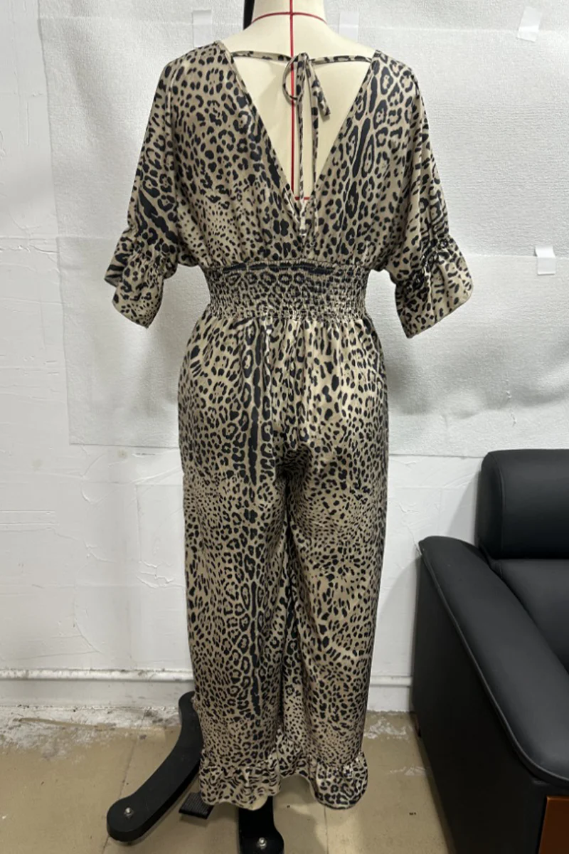 Lena | Casual loose jumpsuits with leopard contrast and V-neck - Image 6