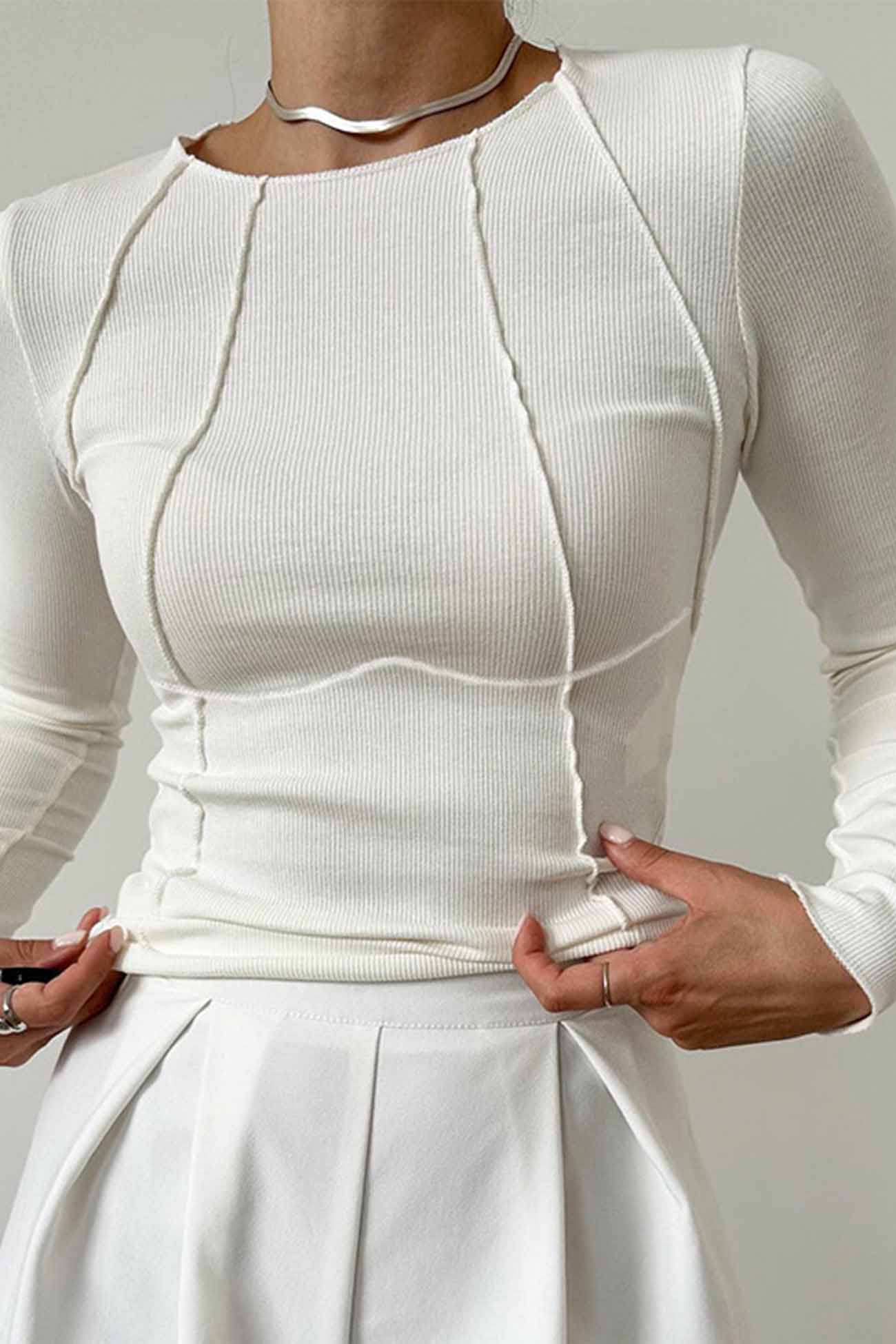 Lena | Solid color slim crew neck tops - Image 2