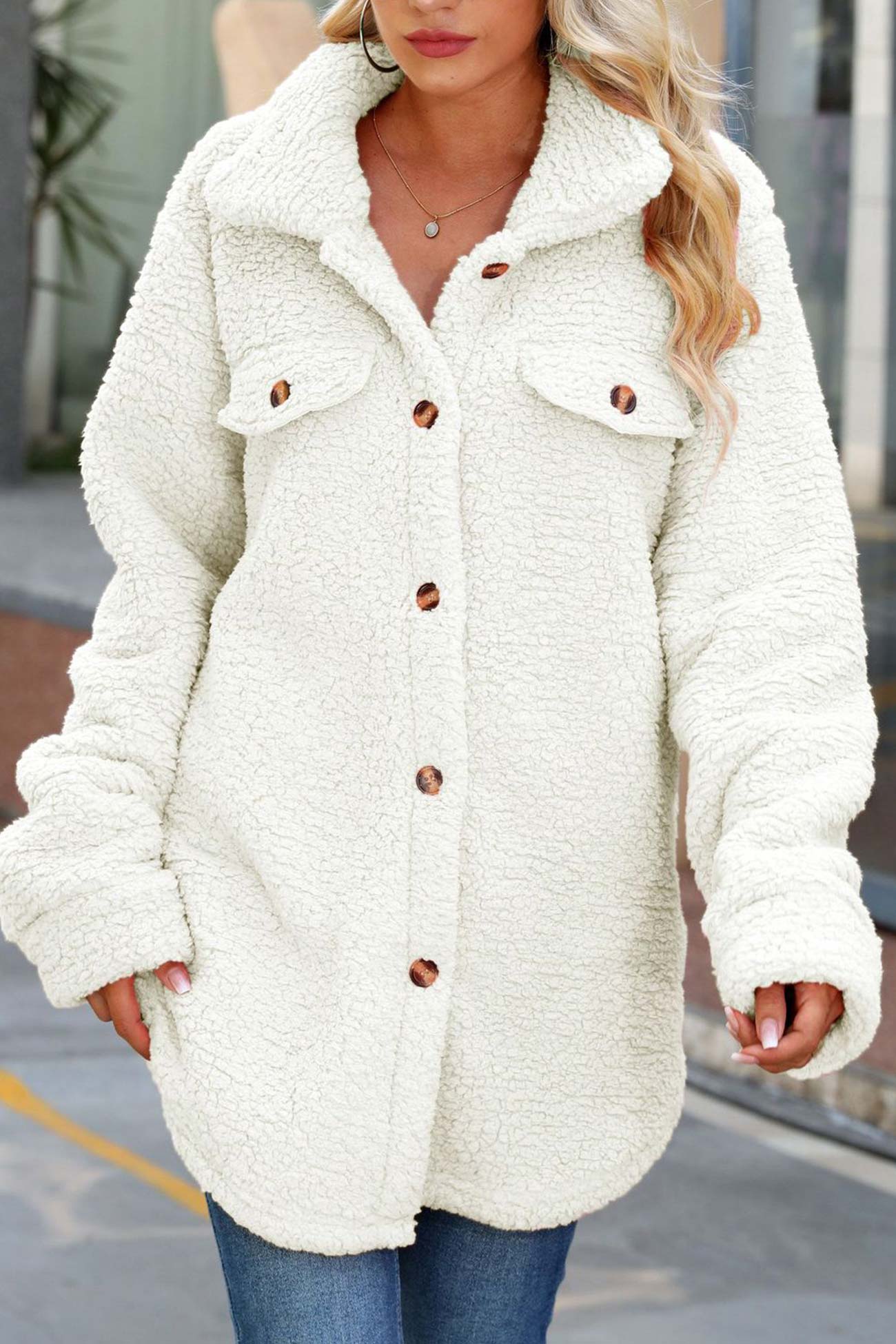 Leonie | Solid color, single-breasted plush coat with lapels - Image 6