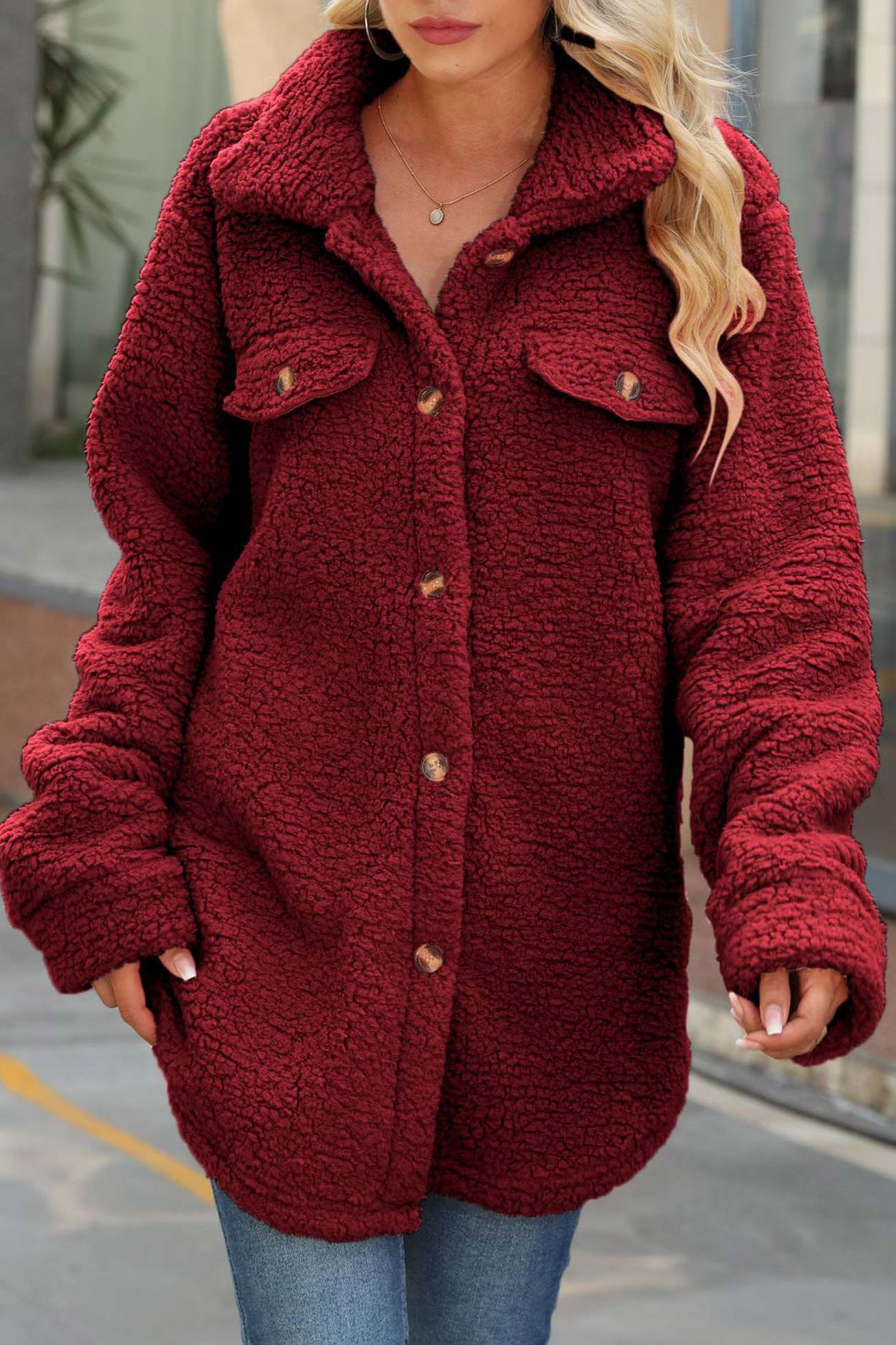 Leonie | Solid color, single-breasted plush coat with lapels - Image 8
