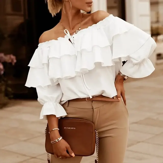 Leonor® | Women'S Blouse Made Of Loose Chiffon With Off-The-Shoulder Flounces And Elastic Shoulder Strap - Image 6