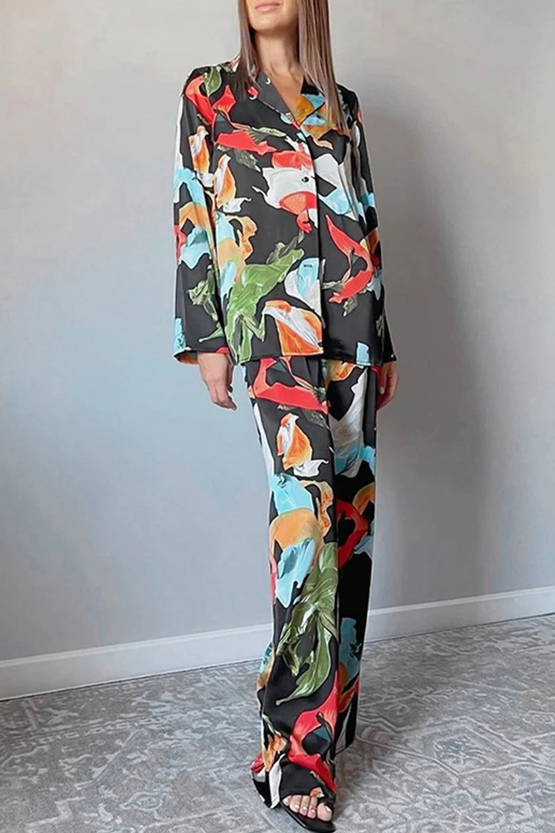 Leticia | Casual Living Geometric Patchwork Turn-Down Collar Long Sleeve Two Piece Set