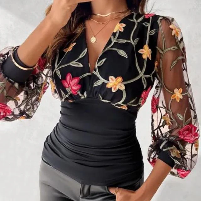 Letizia® | Blouse With Embroidered Transparent Sleeves - Image 2
