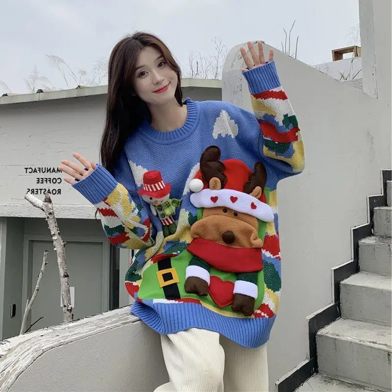 Lien® | Women's oversized Christmas elk embossed knitted sweater with snowman crew neck - Image 2