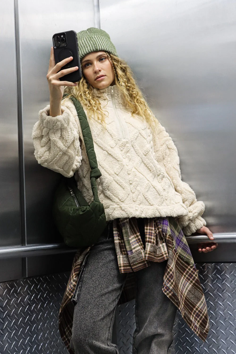 Lilian | Fluffy cable knit fleece half zip sweatshirt
