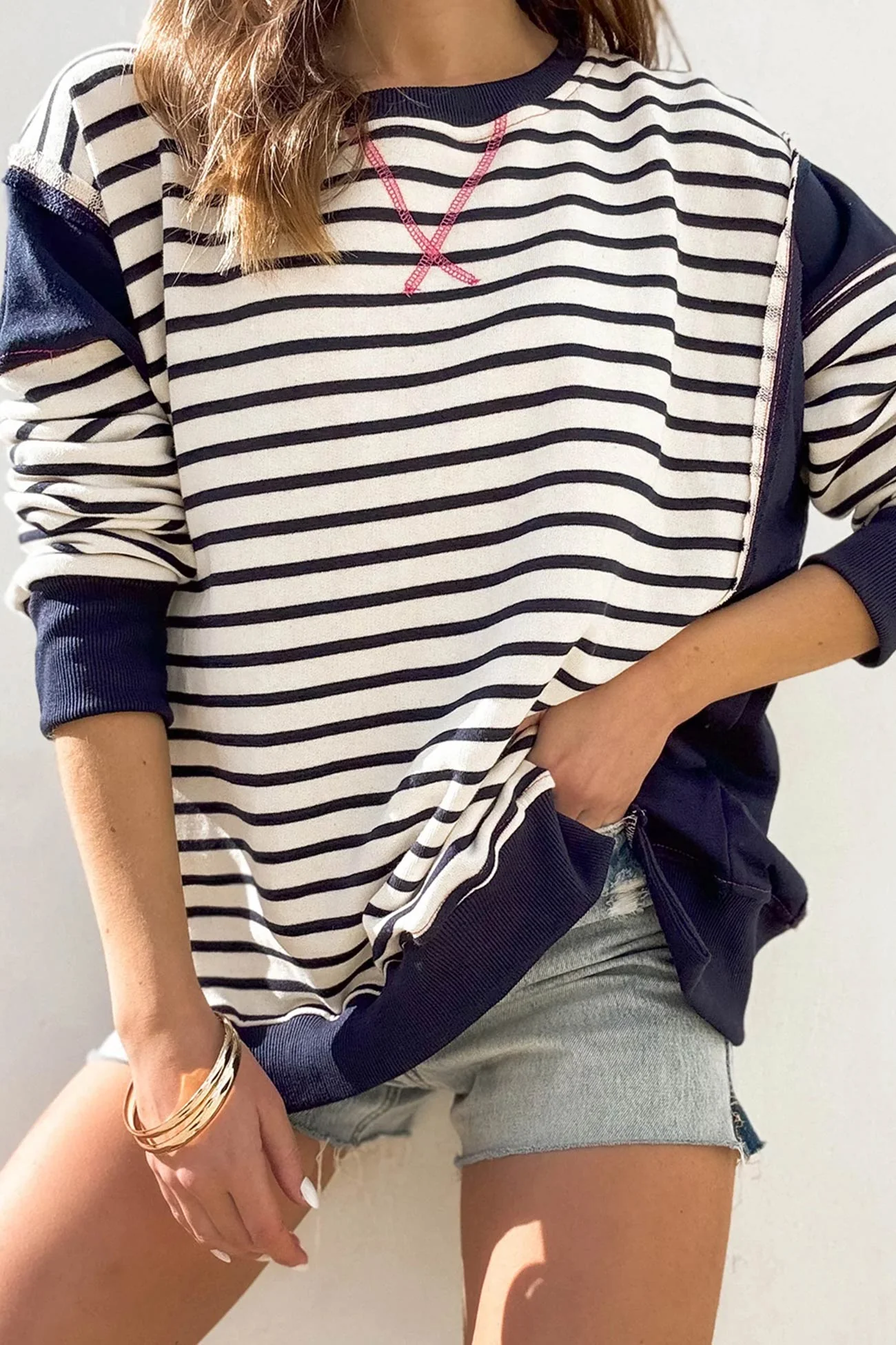 Lilian | Striped patchwork crew neck sweatshirt - Image 4