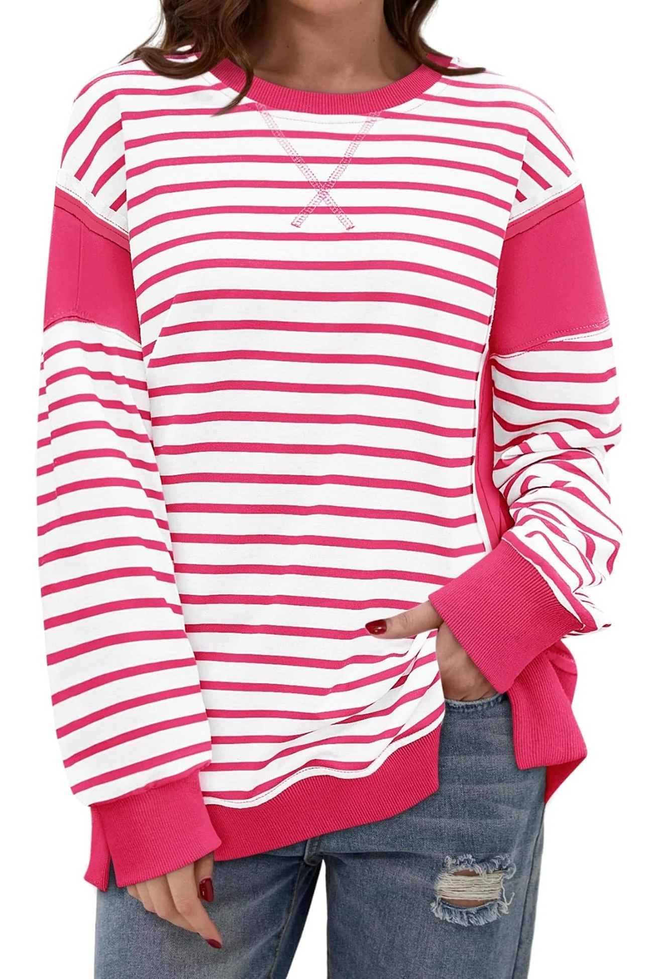 Lilian | Striped patchwork crew neck sweatshirt - Image 9
