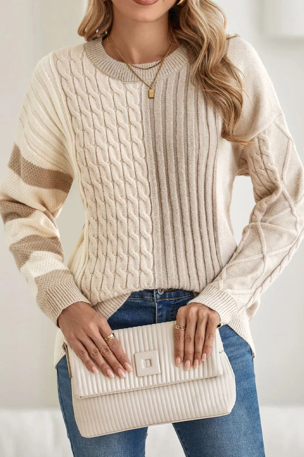 Liliana | Color block crew neck cable knit sweater - Image 4