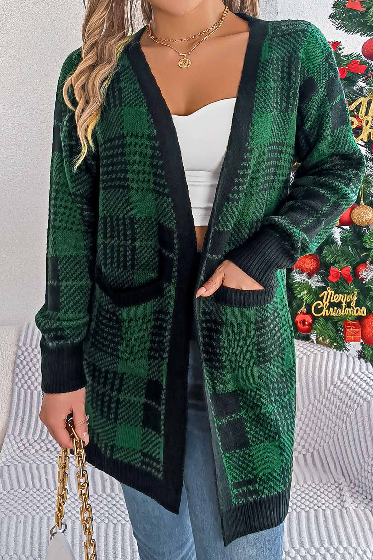Lilli | Contrast checked cardigan with open front - Image 11