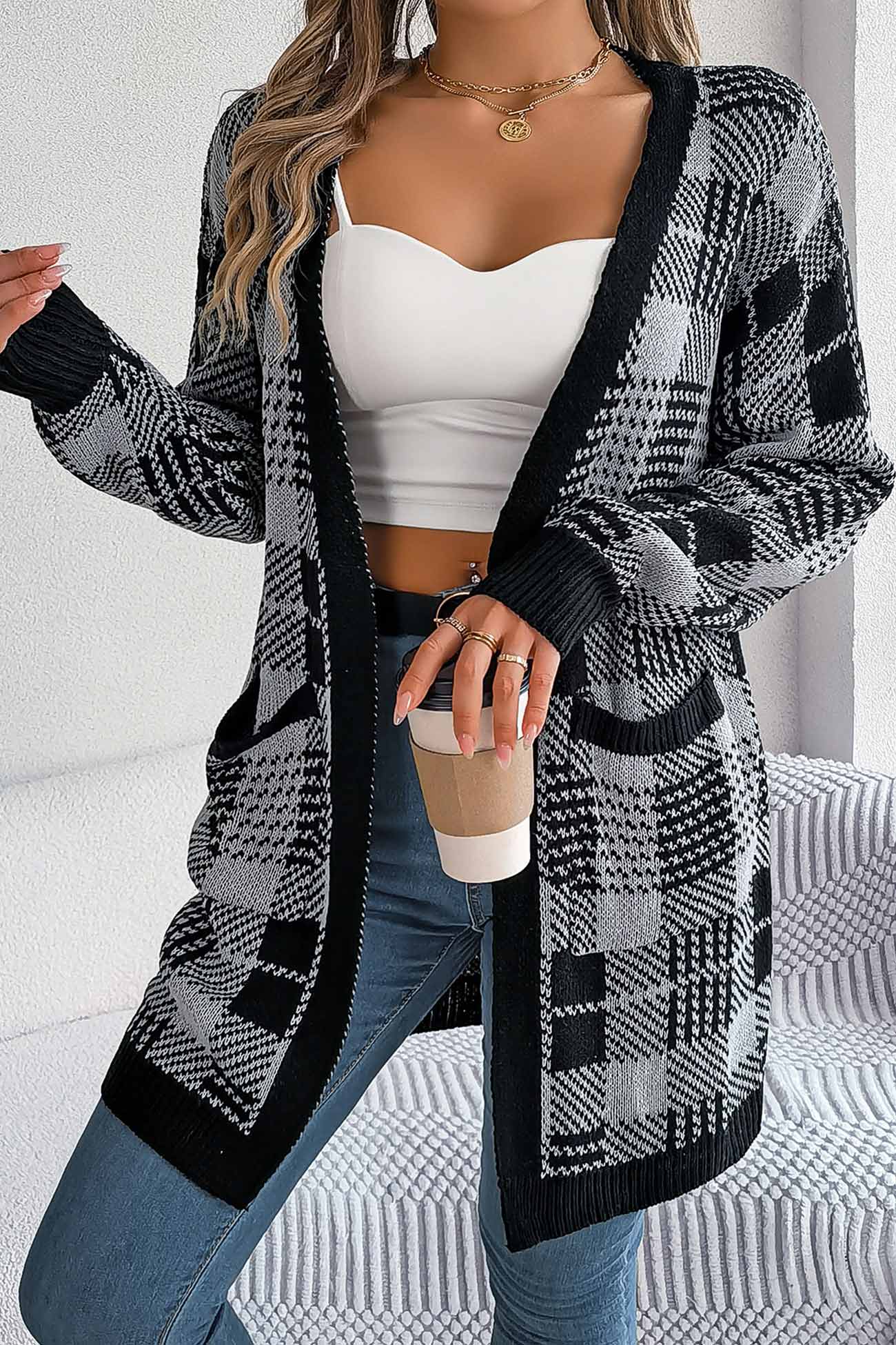Lilli | Contrast checked cardigan with open front - Image 17