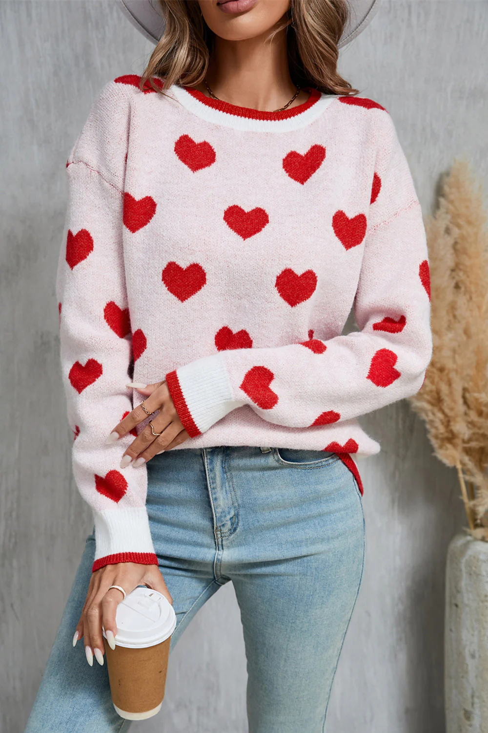 Lilli | Round neck sweater with contrast trim and heart pattern - Image 5