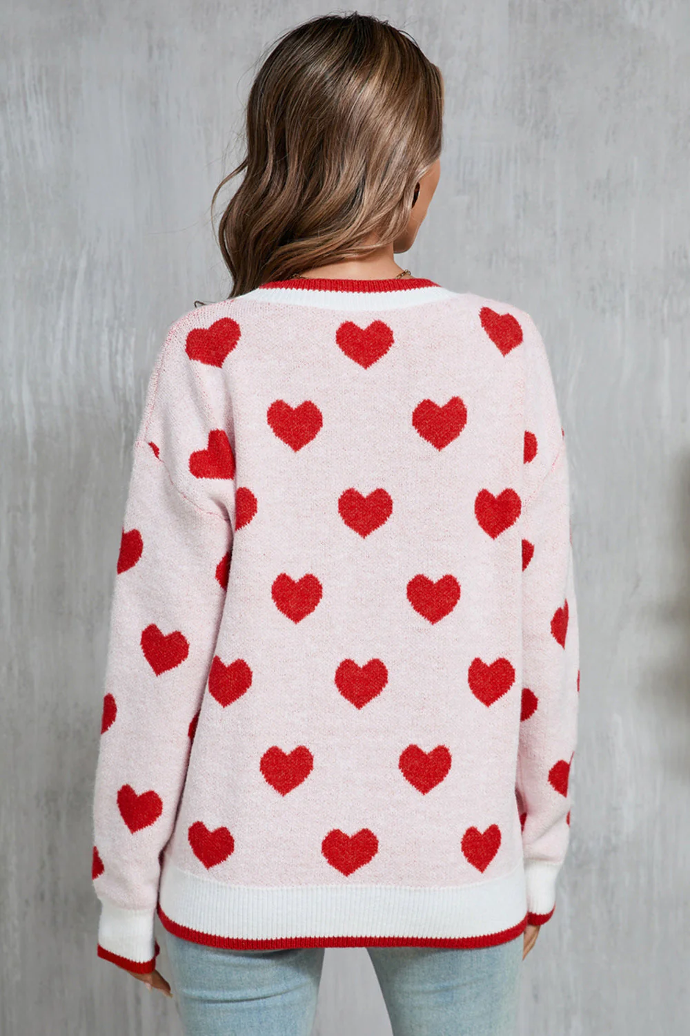 Lilli | Round neck sweater with contrast trim and heart pattern - Image 8