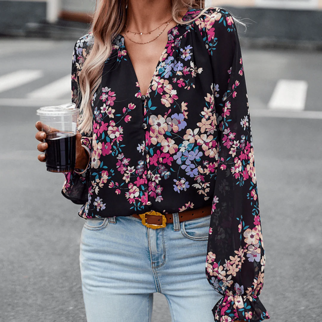 Lisa® | Elegant Floral Long-Sleeved V-Neck Blouse - Image 3