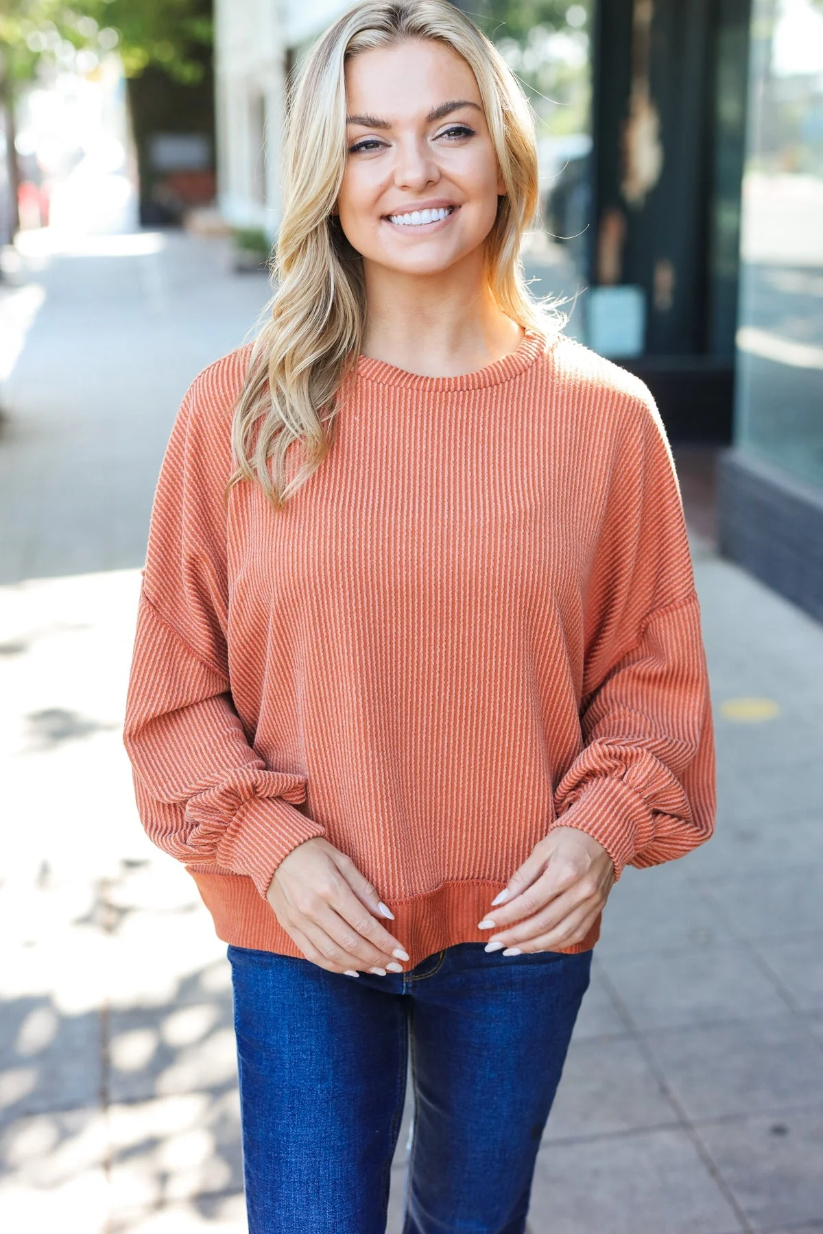 Liselotte | Weekend Ready Rust Mineral Wash Rib Pullover Top - Image 9