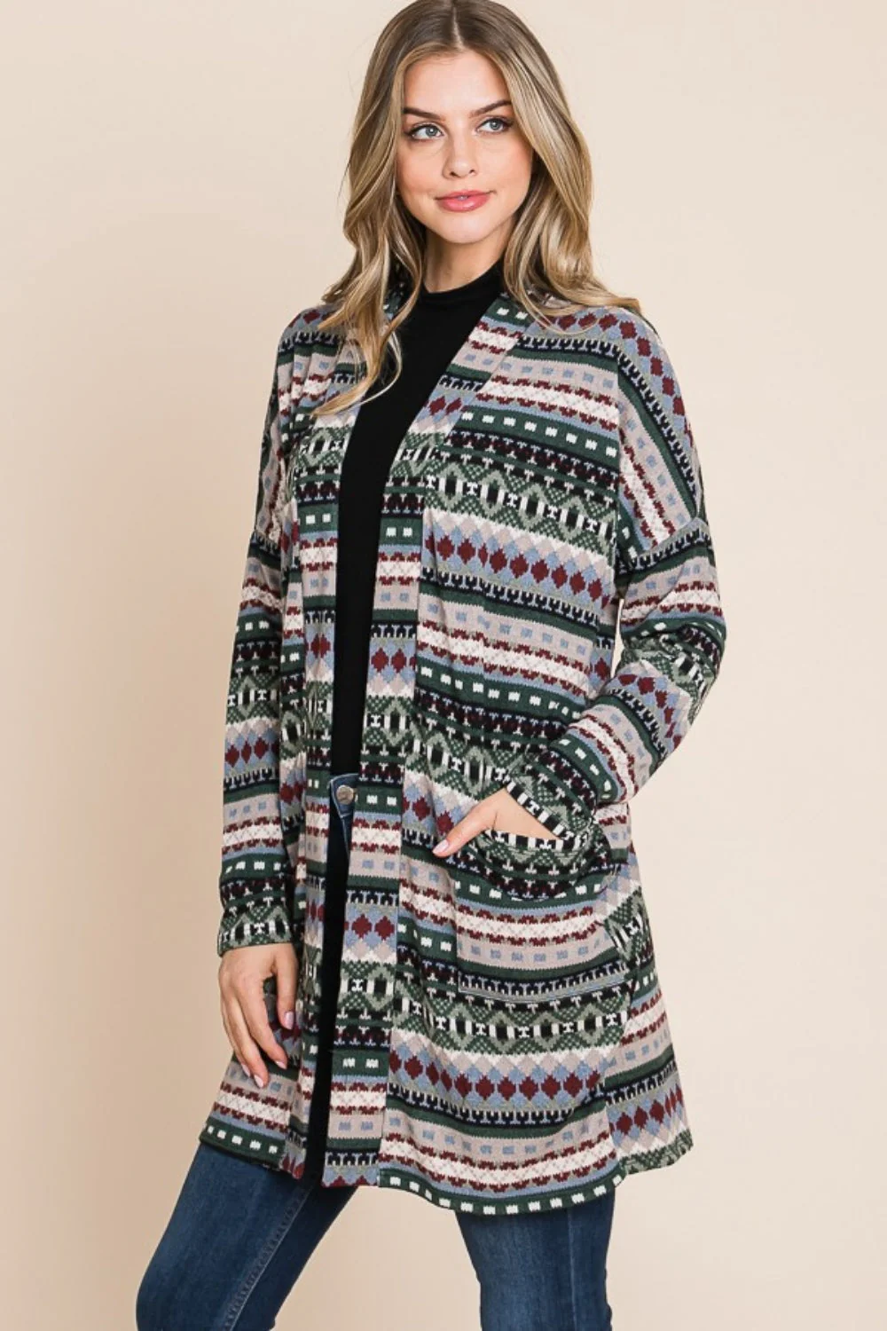 Lisette | Geometric open front long sleeve cardigan with pockets - Image 2
