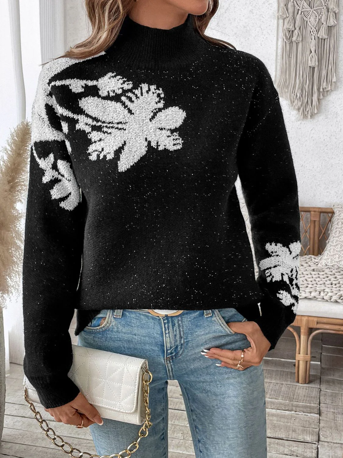Lisette | Perfee Flower stand-up collar long sleeve sweater