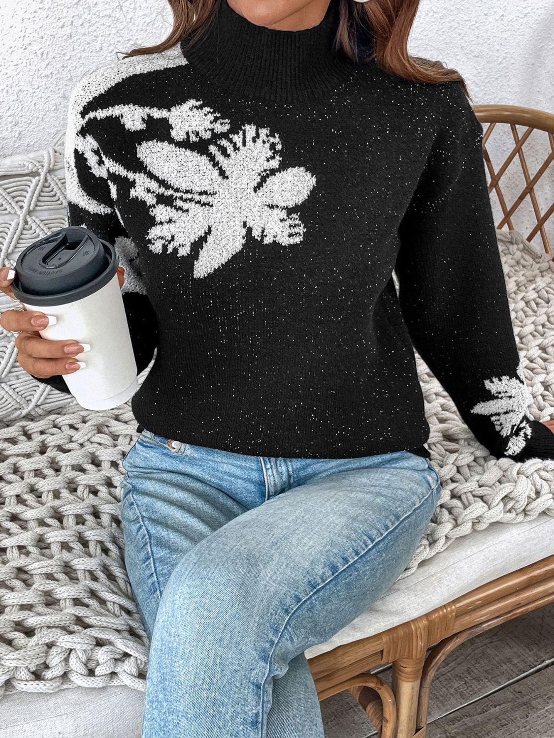 Lisette | Perfee Flower stand-up collar long sleeve sweater - Image 6
