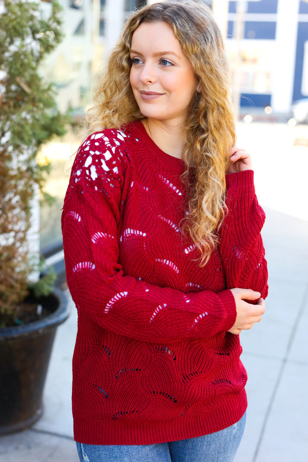 Lorena | Casual chic burgundy pointelle lace shoulder knit sweater - Image 8
