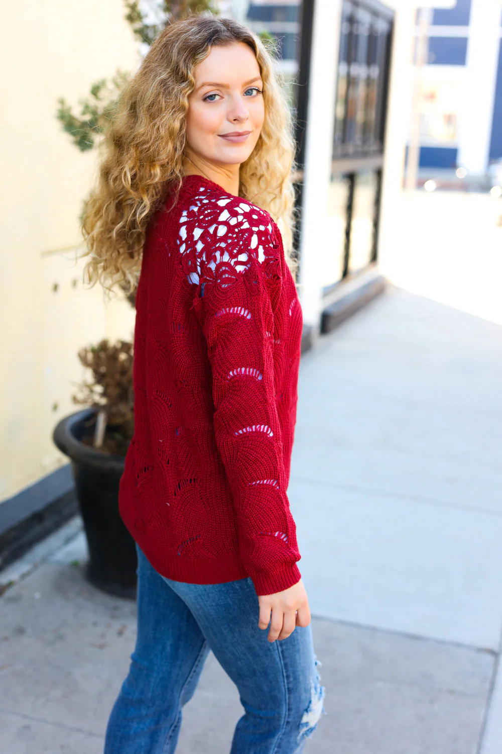 Lorena | Casual chic burgundy pointelle lace shoulder knit sweater - Image 9