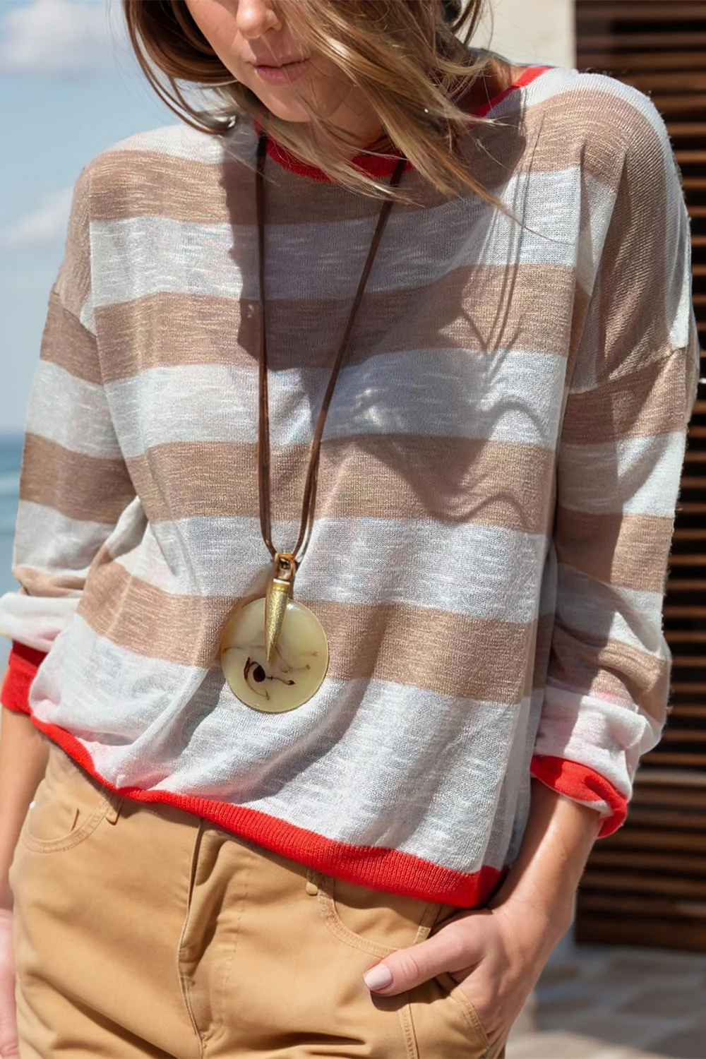 Loretta | Contrasting striped long-sleeved knitted top with a crew neck