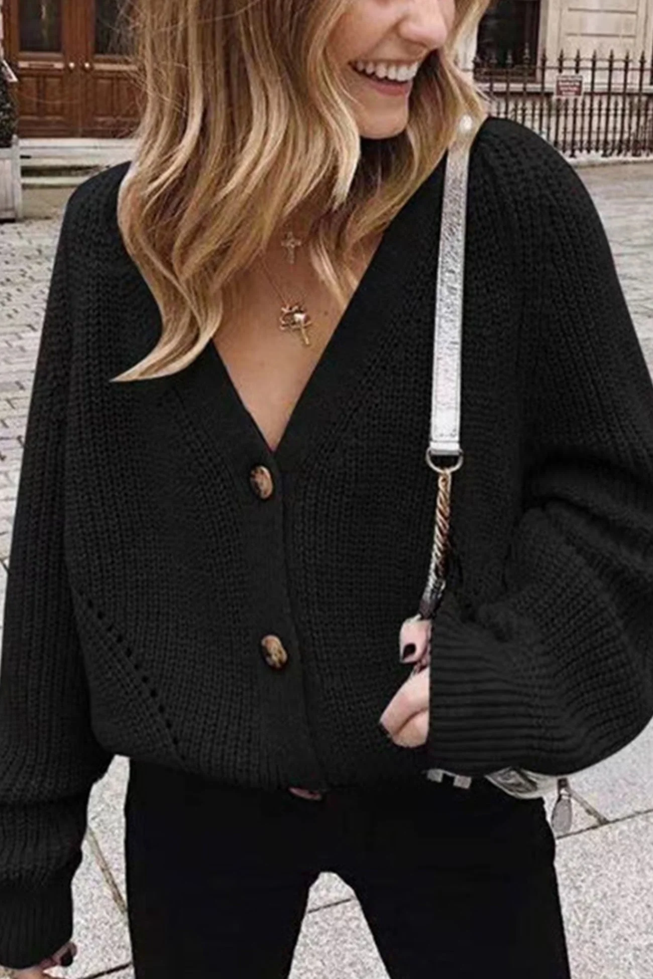 Loretta | V-neck cardigan with lantern sleeves - Image 5