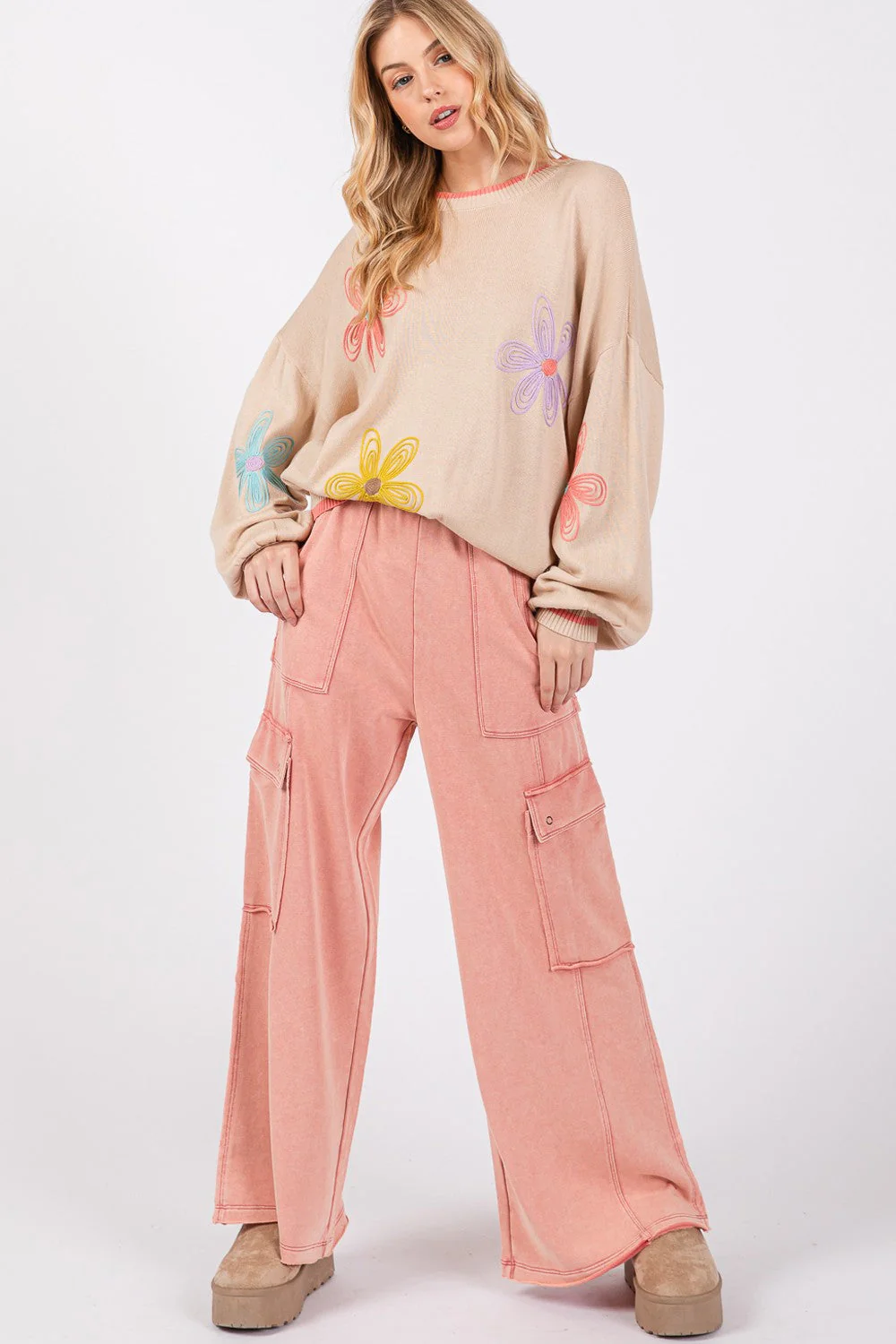Loretta | Wide-leg trousers in mineral wash knitted terry