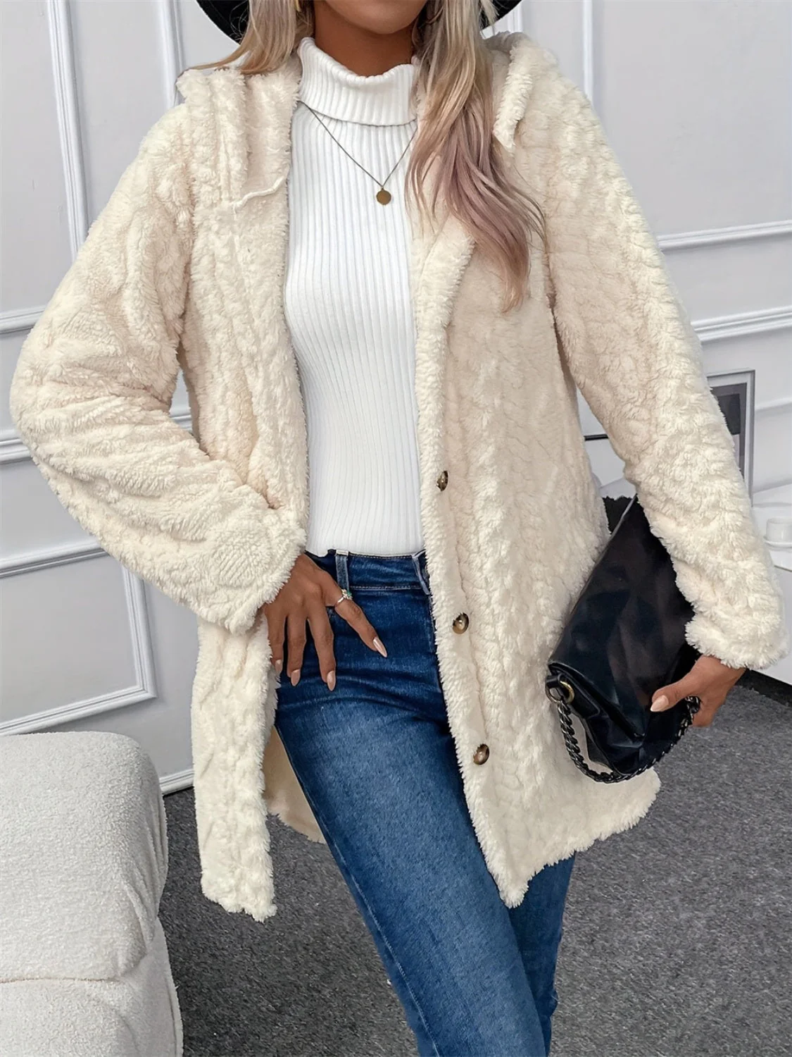 Louise | Fluffy button-down coat with hood - Image 2